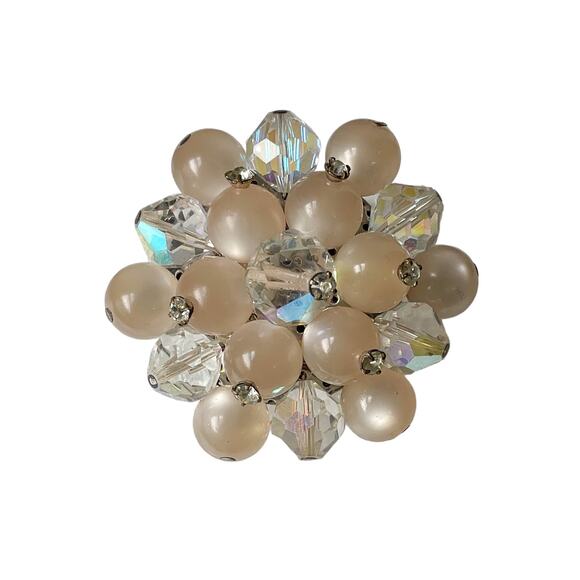 1950s Clear AB Faceted Crystals Pale Pink Lucite Beads Round Circle  Pin Brooch - Picture 1 of 3